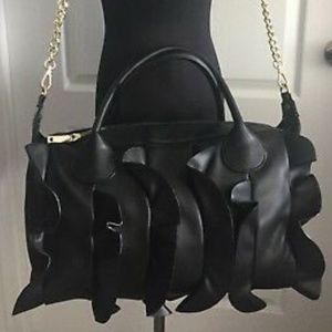 Betsey Johnson Black Ruffle Satchel Handbag Purse